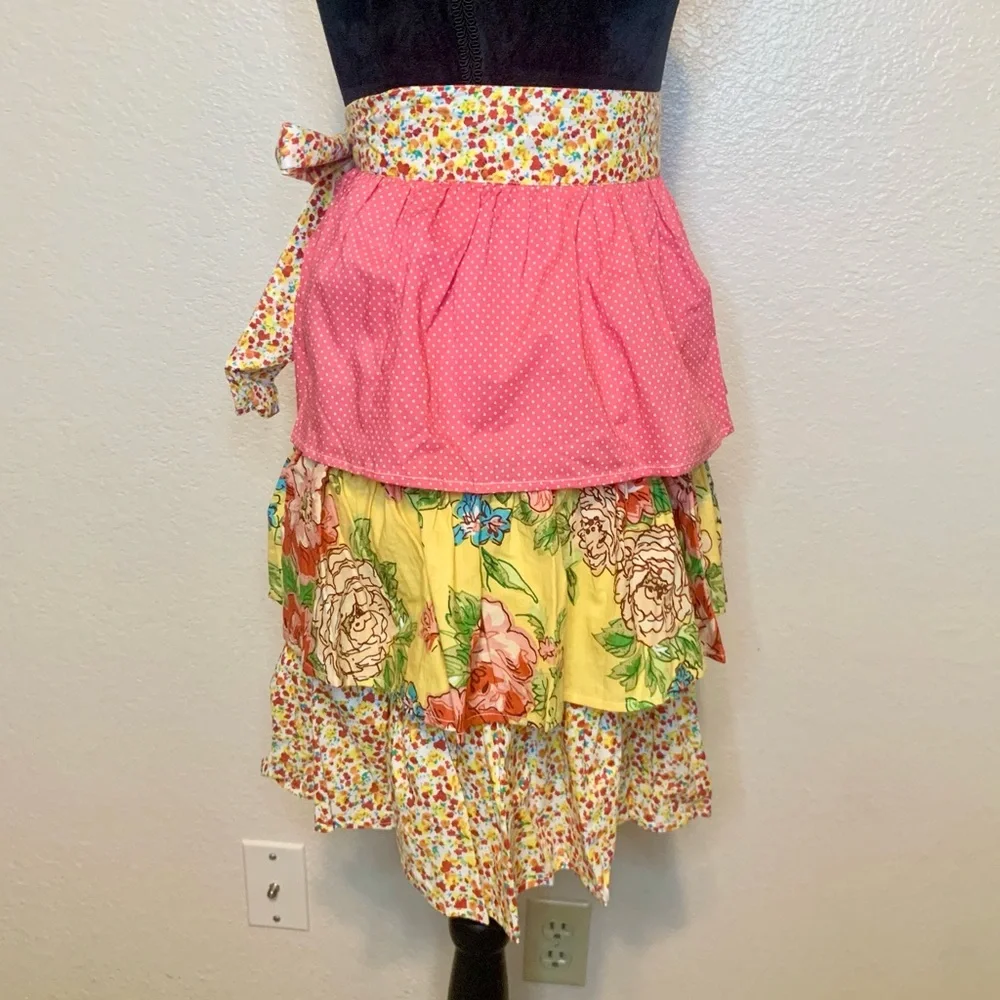 Pier 1 Imports Tiered Ruffle Apron Cottagecore Floral Yellow & Pink
